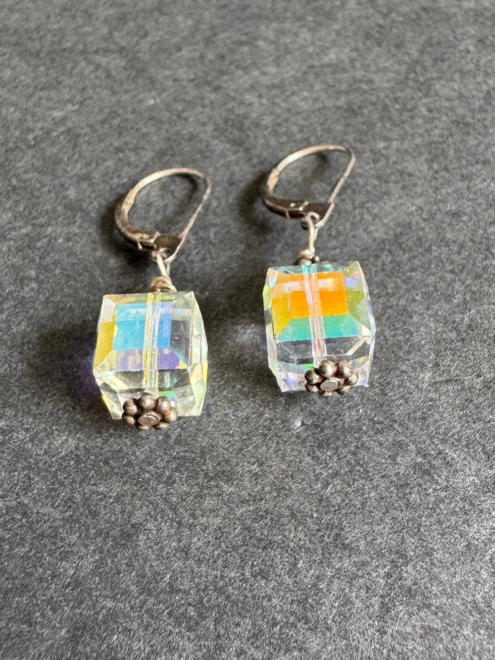 Vintage AB Crystal Cube Earrings Sterling Silver Iridescent Aurora Borealis